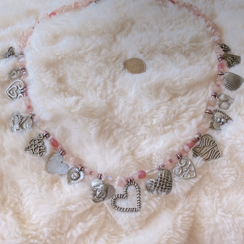 Boutique OOAK Vintage Rose Quartz chip Hearts Necklace